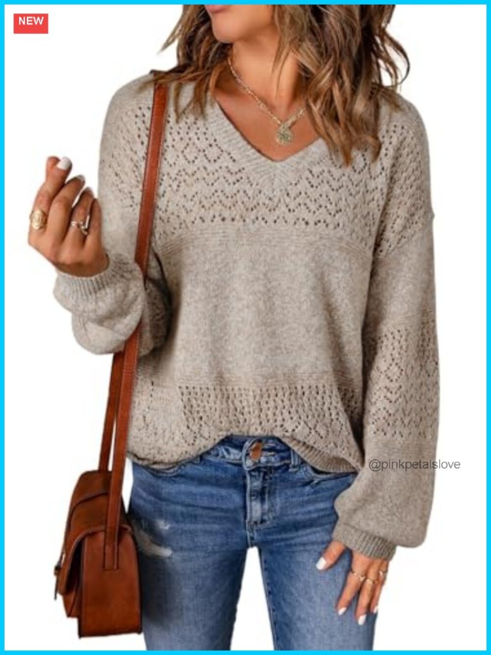 Women's Long Sleeve V Neck Crochet Pullover Sweater Lightweight Casual Knit Top